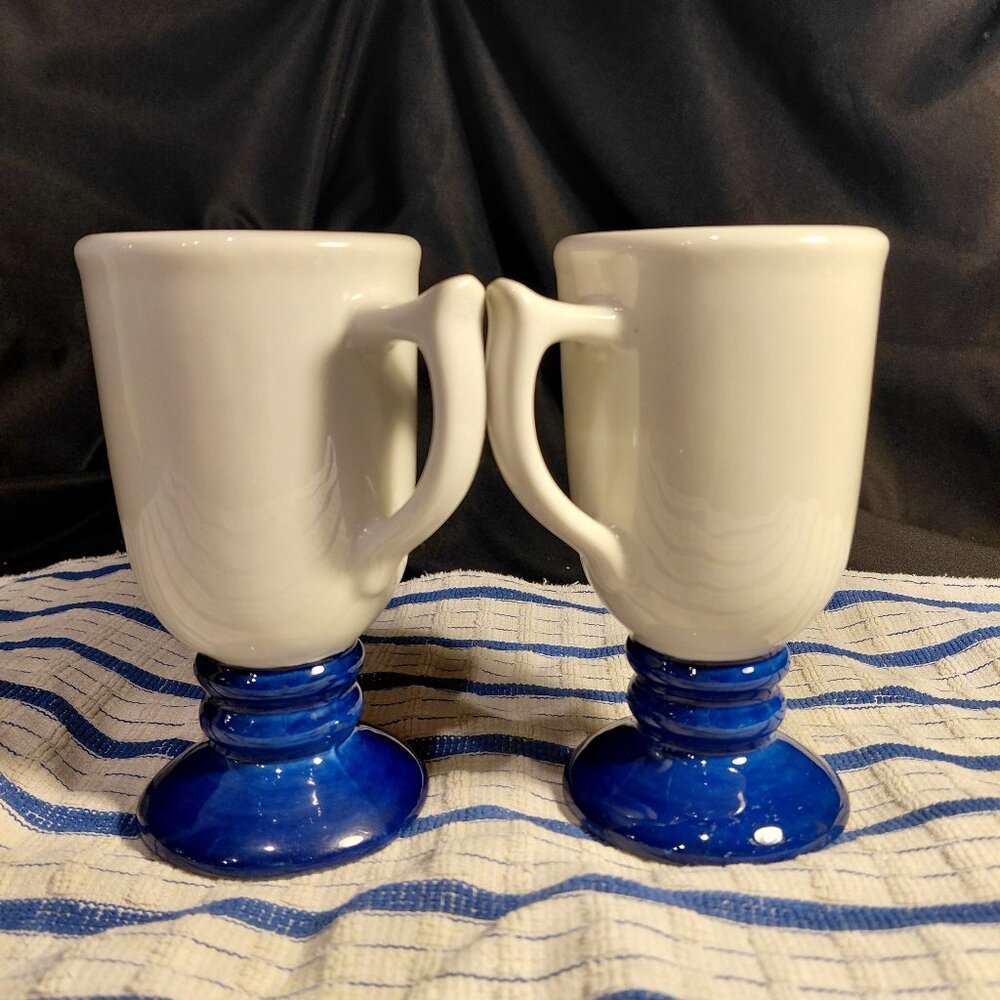 2 Vintage "Sterling" Irish Coffee Pedestal Mugs made in the USA, navy and white - Picture 2 of 4